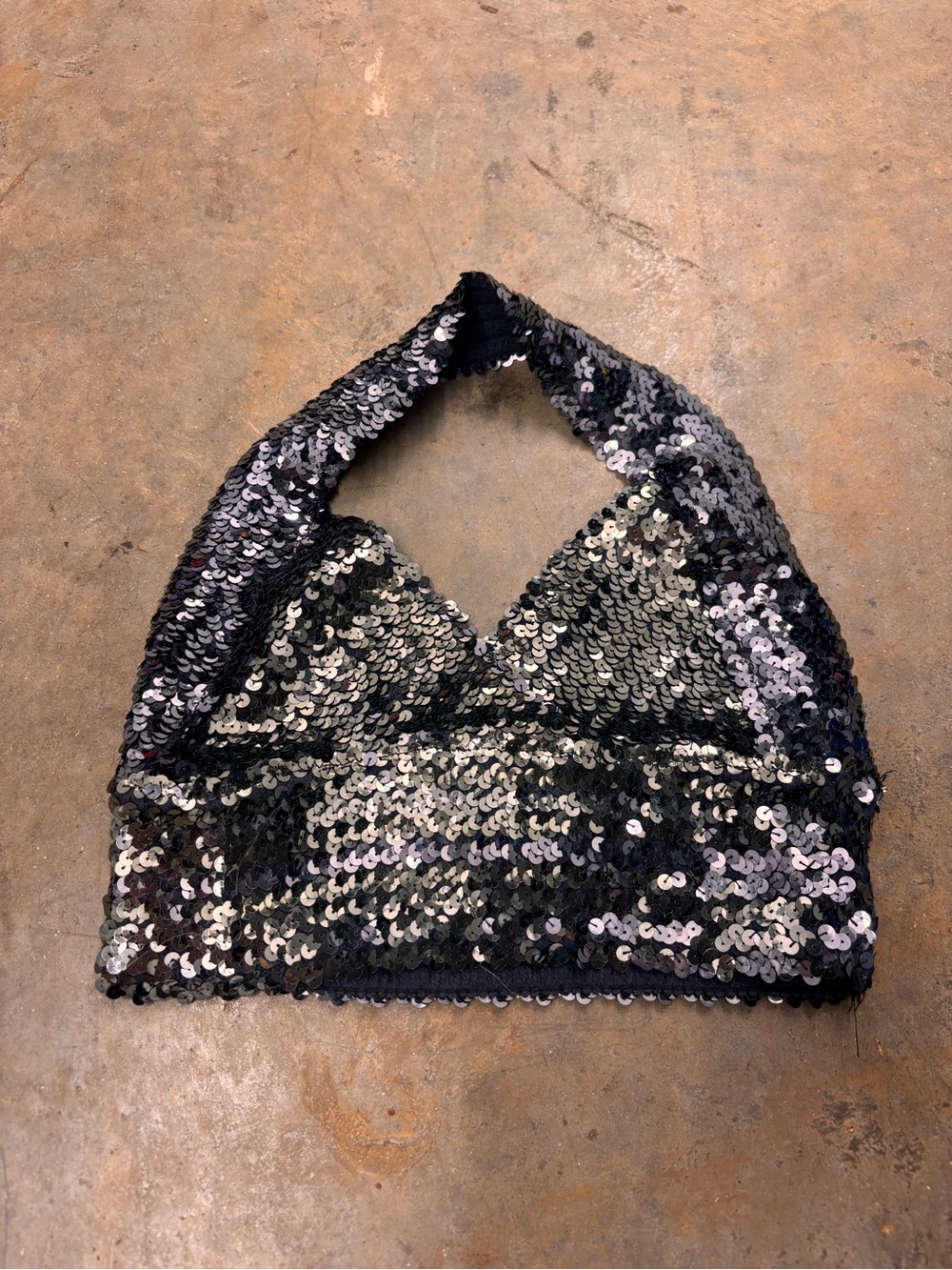 Vtg 80s/90s I.O.U. Sequin Halter Crop Top Bralette Silver Black S/M